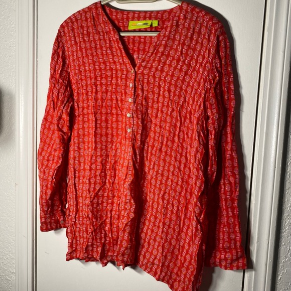 Rockflowerpaper Womens Red Orange Geometric Crinkle Tunic Top Long Sleeve Large - Picture 2 of 8